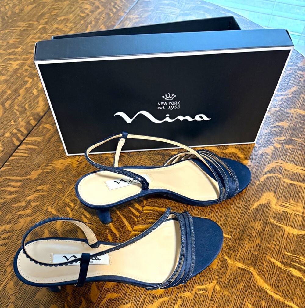 Nina Gerri Navy Satin Beaded Strappy Heels Formal Slip-On Women’s US 7.5 M